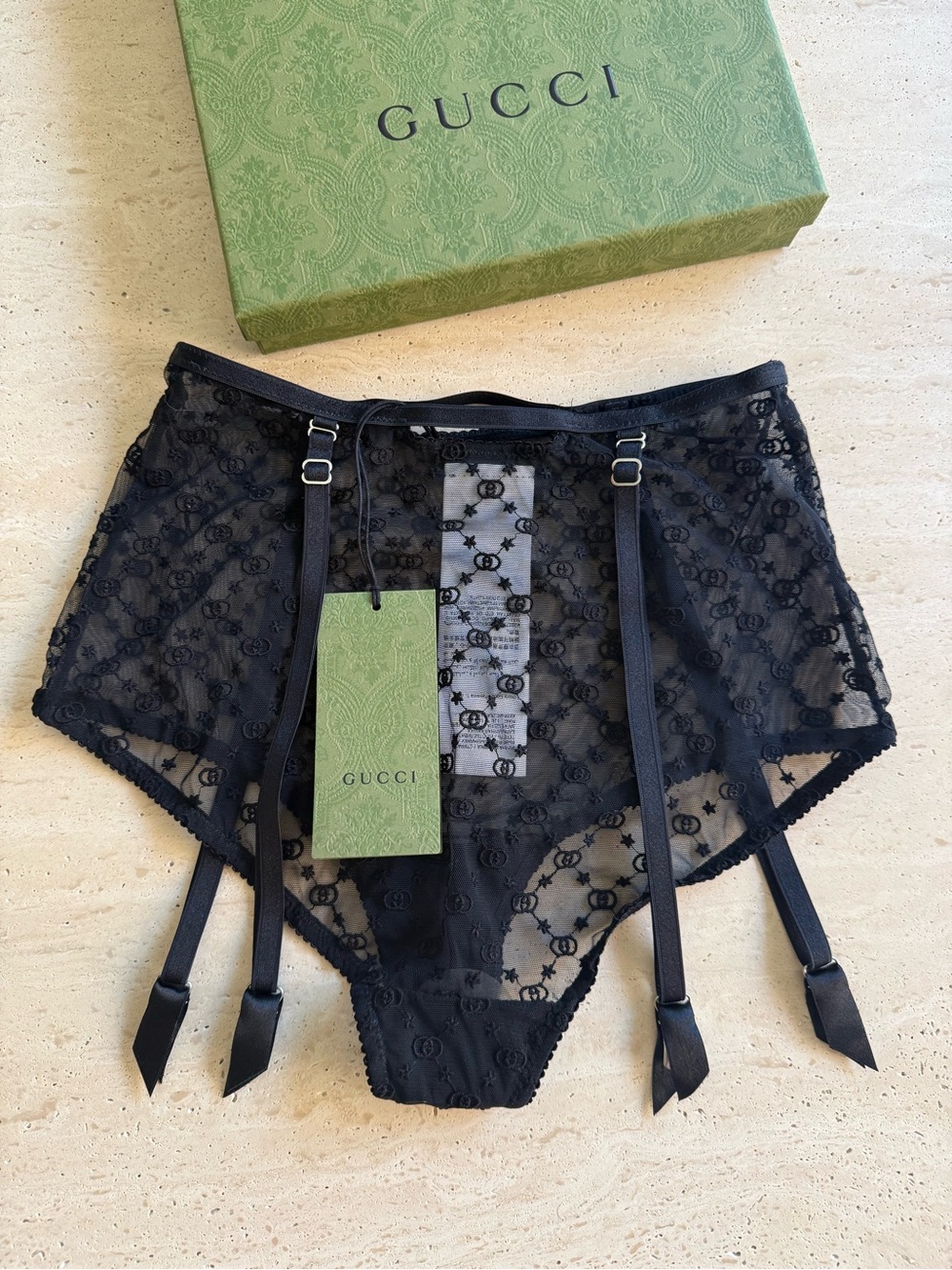 NWT GUCCI  Black GG Star Tulle Garter Panties Size/ XS - Picture 10 of 16